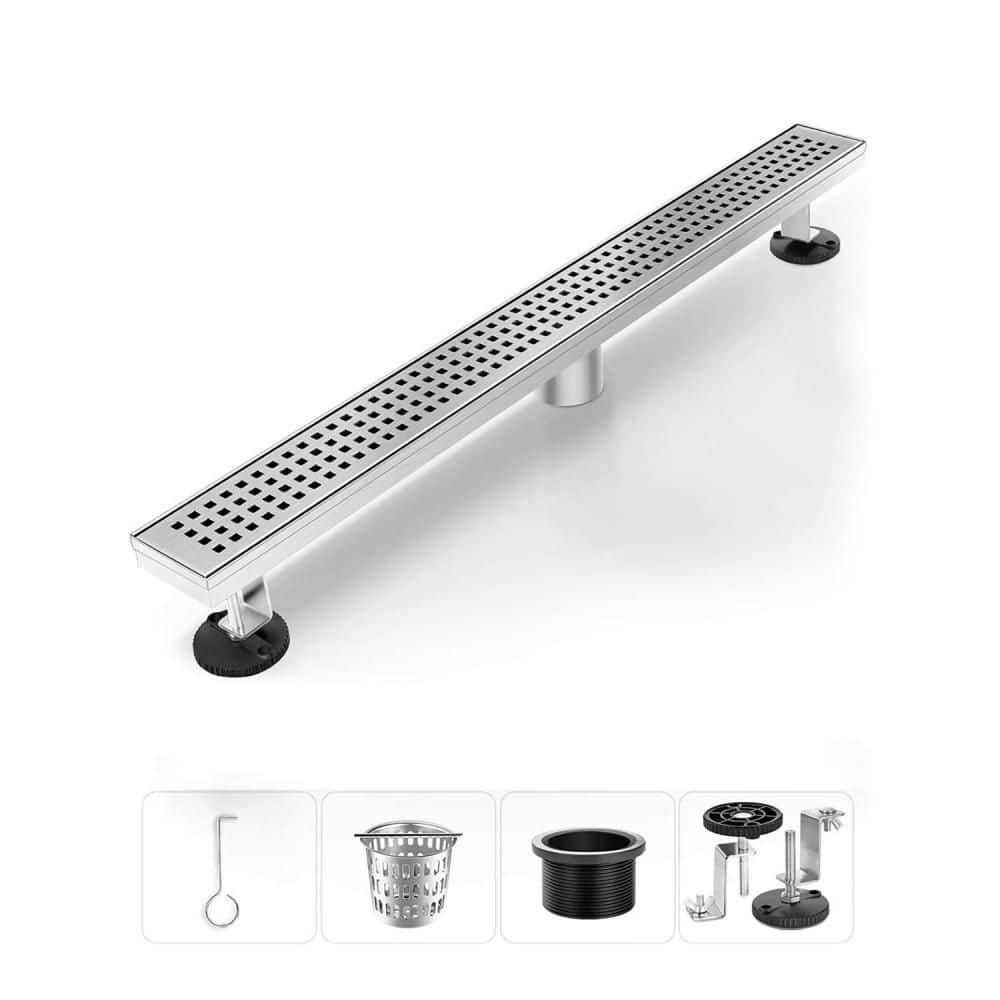 Numhew 1-Piece Linear Shower Floor Drain with Removable Grate and Adjustable Leveling Feet in Brushed Nickel (1)