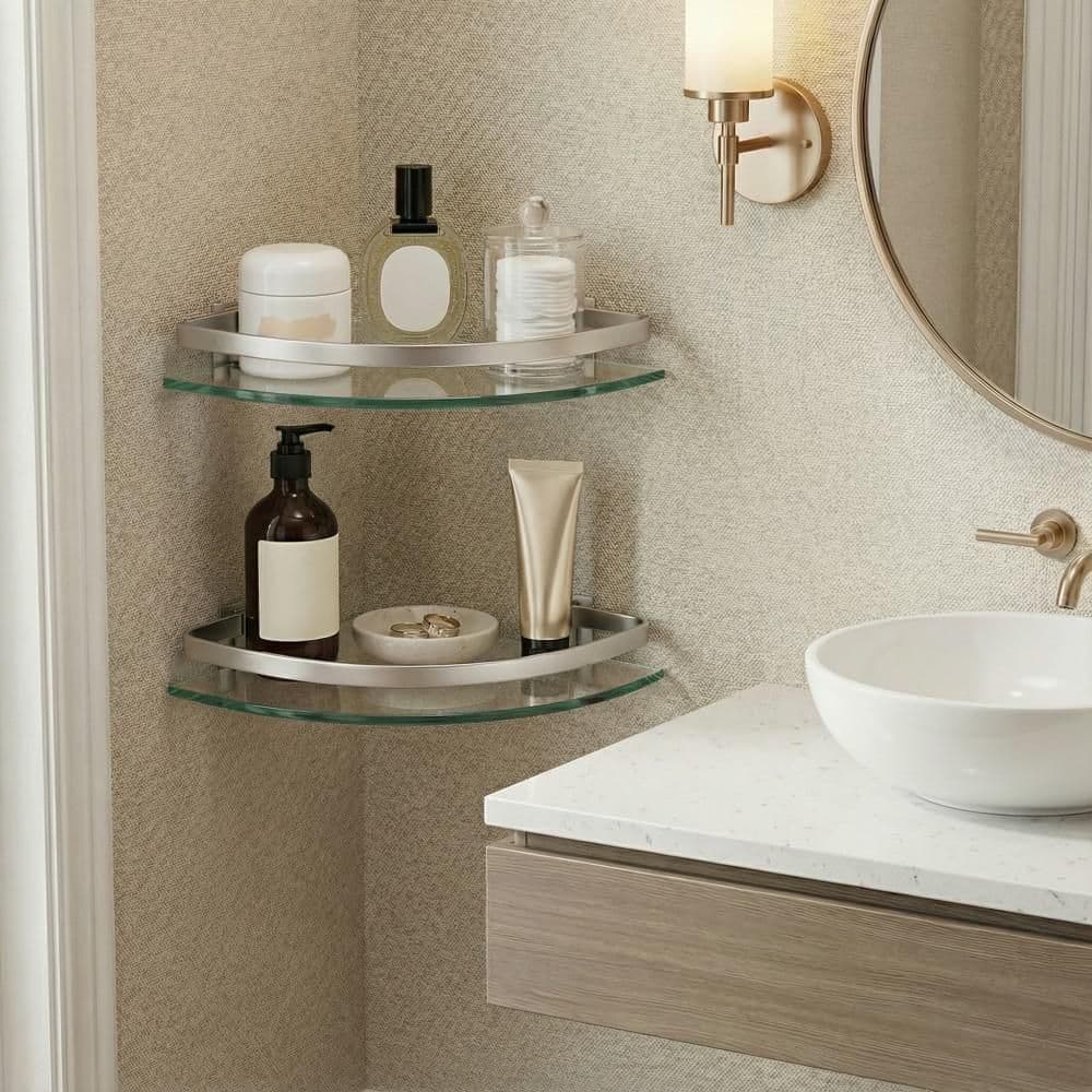 KES (2 Pack) 10 in. W x 2 in. H x 10 in. D Bathroom Quarter Round Tempered Glass Corner Shelf with Rail in Anodized Aluminum (2)