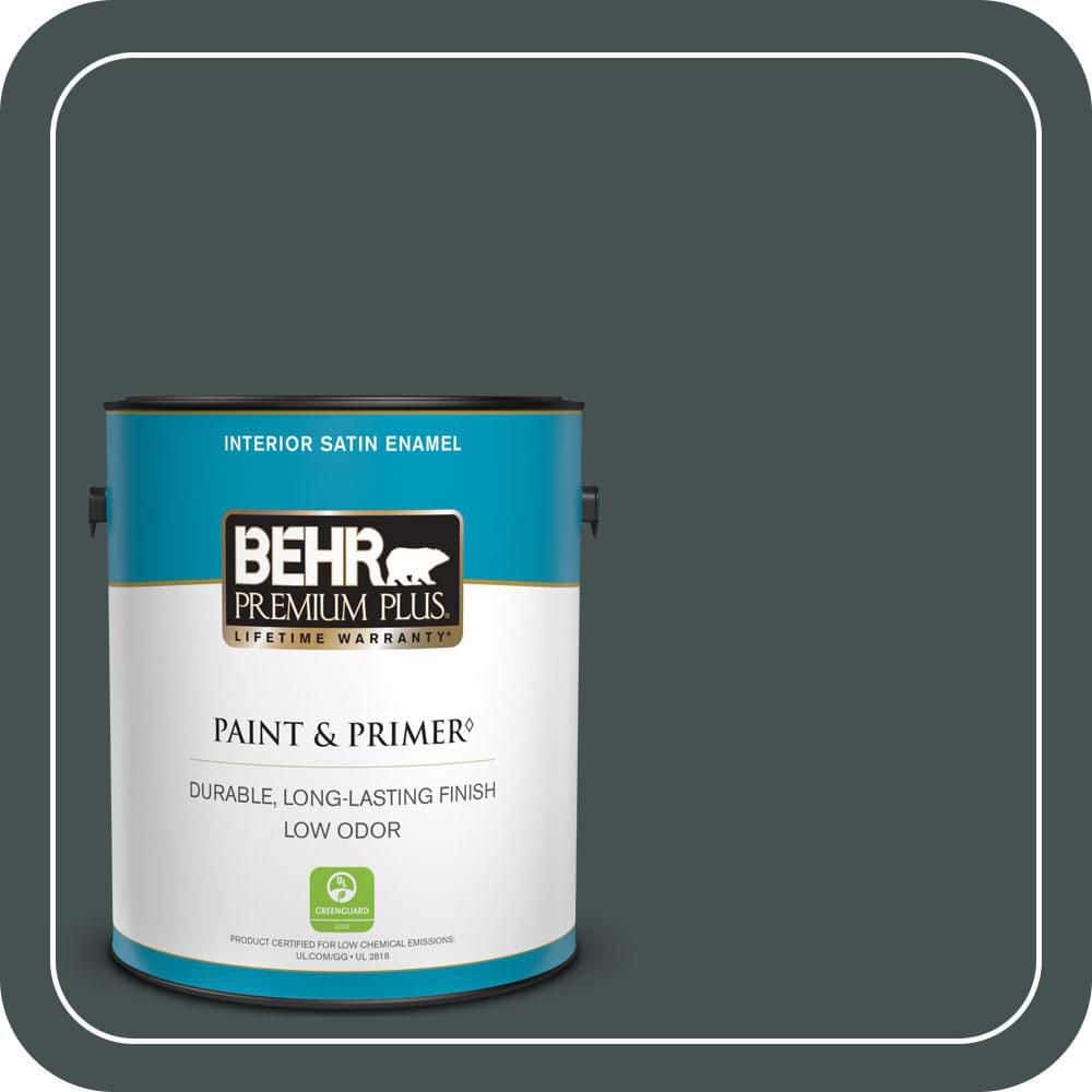 BEHR PREMIUM PLUS 1 gal. #MQ6-44 Black Evergreen Satin Enamel Low Odor Interior Paint & Primer