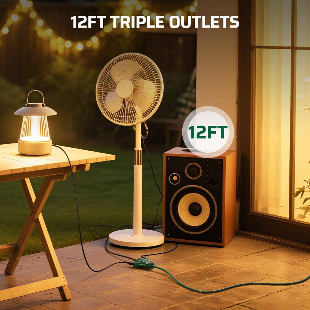 DEWENWILS 12 ft Outdoor Extension Cord with Multiple 3 Outlets 3 Prong 16 AWG SJTW for Outside Green Color (2)