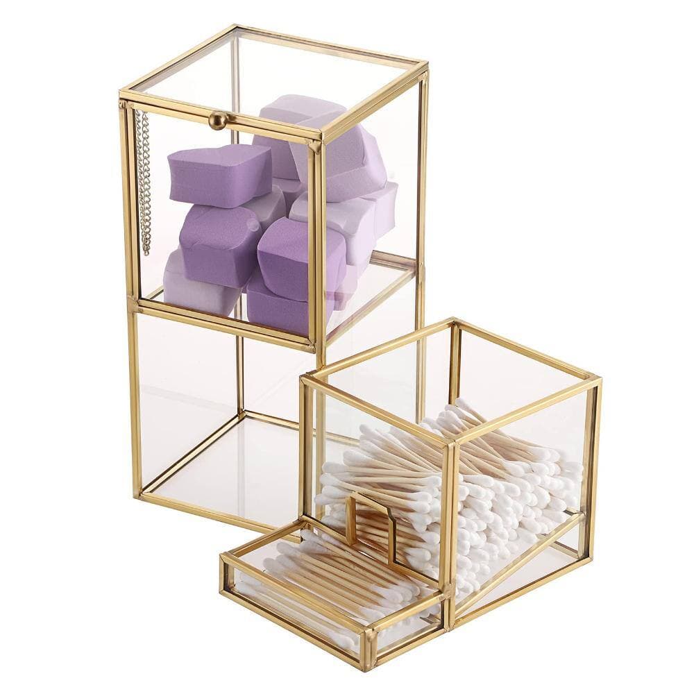 Unbranded Clear Glass Qtip Holder with Gold Metal Frame and 2-Compartment Lid for Cotton Balls and Swabs in Gold (3)