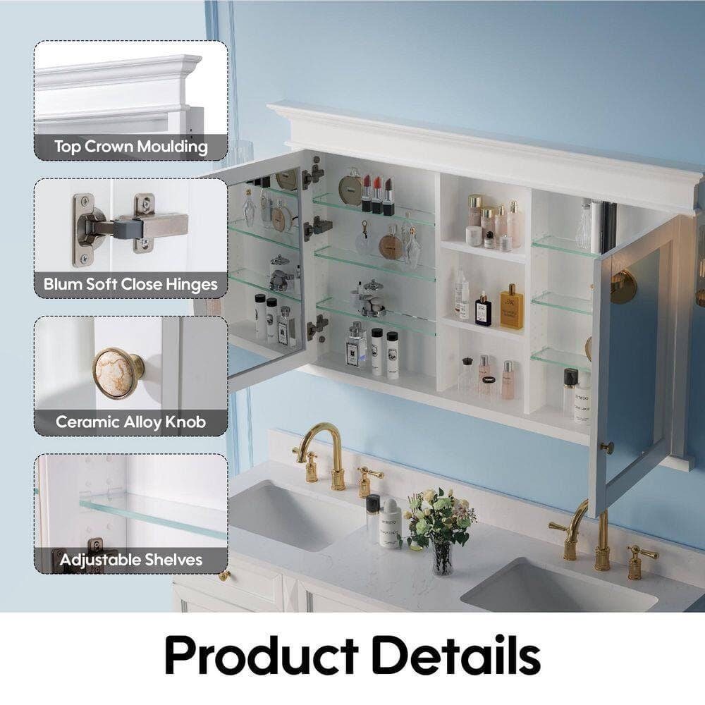 ANGELES HOME 55 in. W x 32 in. H Recessed Mount Rectangular Wood Medicine Cabinet with Mirror and Double Door, Adjustable Shelves (3)