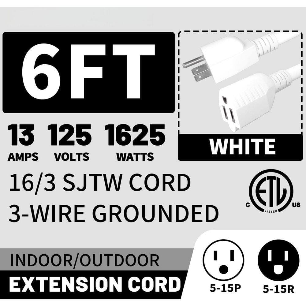 Unbranded 6 ft. 1625W 16-Gauge 1-Conductor SJTW Rated Indoor Outdoor Braided Extension Cord with Tri-tap Lighted End White (2)