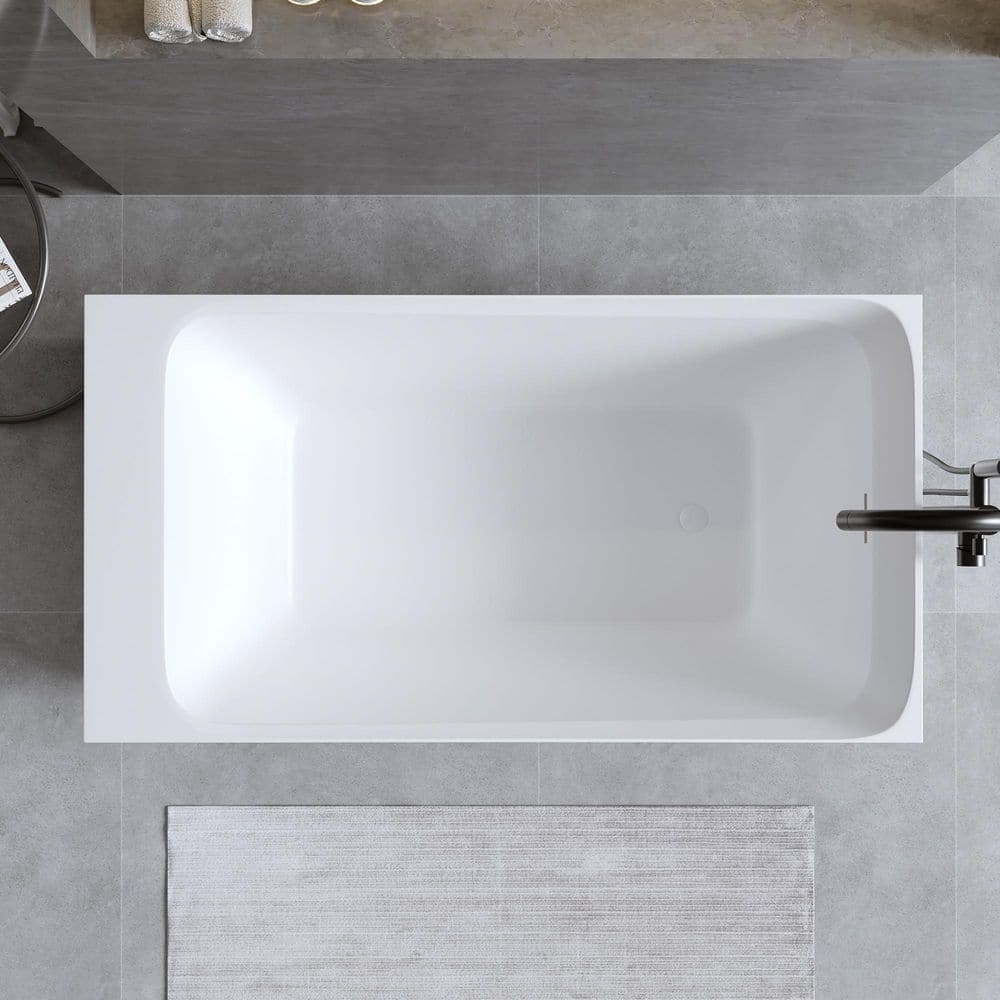 Xspracer Moray 51 in. x 27.5 in. Solid Surface Stone Resin Flatbottom Freestanding Soaking Rectangular Bathtub in Matte White (3)