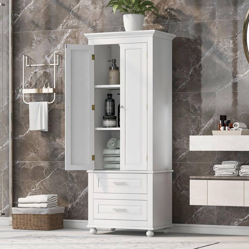 COWLOWN 24.00 in. W x 15.70 in. D x 62.50 in. H White Linen Cabinet Tall Storage Cabinet with 2-Drawers and 2-Doors (2)