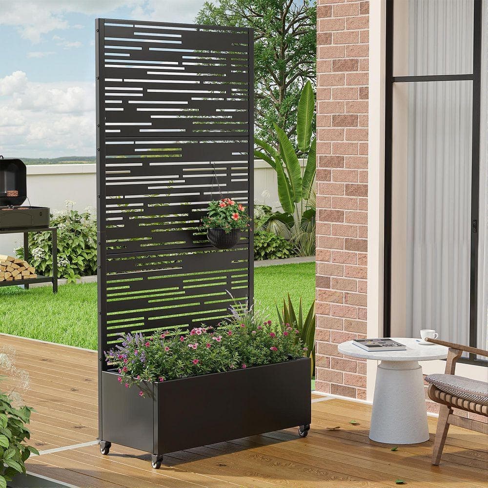 Lirago 72 in. H x 35 in. W Rectanglar Black Outdoor Metal Privacy Screen Planter Box Wall Decor in Irregular lines Pattern (2)