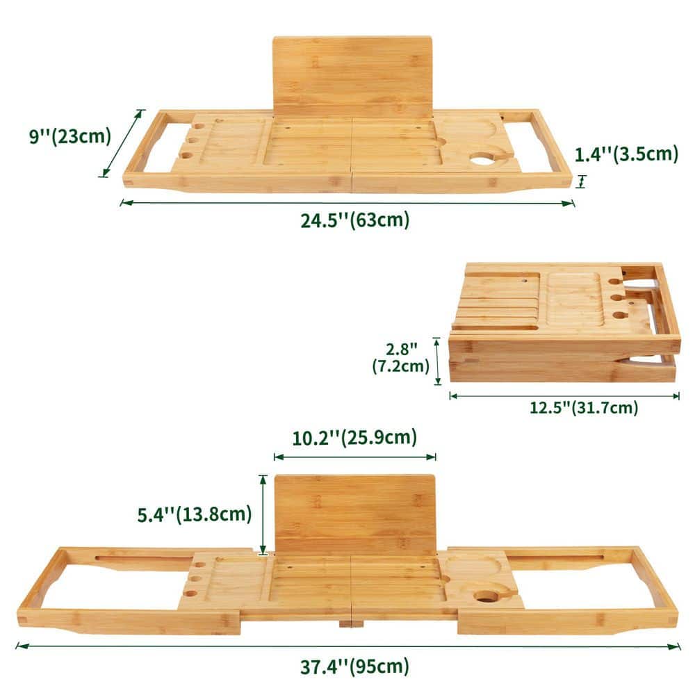Numhew 1-Pack Expandable Bamboo Bathtub Caddy Tray for Tub with Adjustable Design and Book Tablet Wine Glass Cup Towel Holder (3)