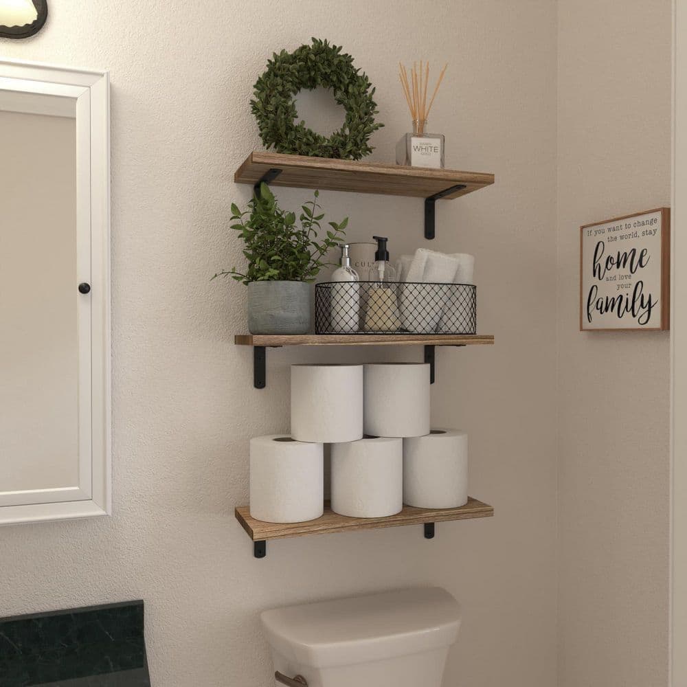 Wudkey 6-Pack 16.5 in. W x 0.6 in. H x 6 in. D Wood Rectangular Wall Mounted Bathroom Shelf in Rustic Brown, Floating Shelves (3)