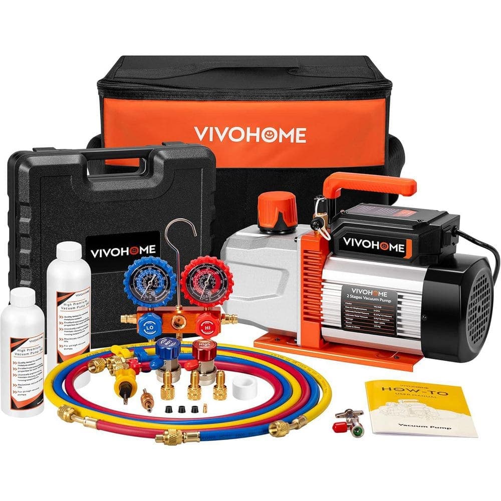 VIVOHOME 1/2 HP 5CFM 2 Stage HVAC Vacuum Pump and 3 Way Manifold Gauge Kit with 5 ft. Hoses for R134a R12 R22 R502 R410a (1)