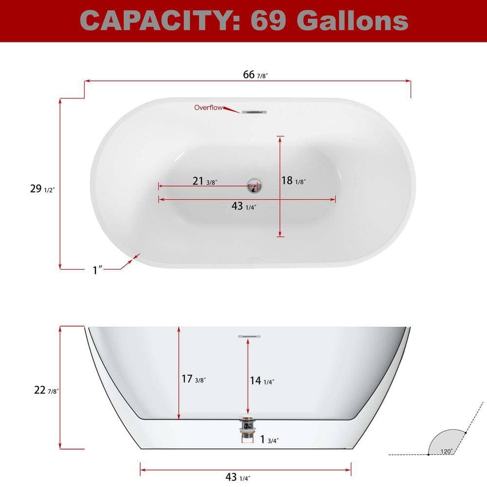 Lycvki 67 in. Acrylic Flatbottom Non-Whirlpool Bathtub Classic Oval Shape Soaking Tub with Chrome Overflow (2)