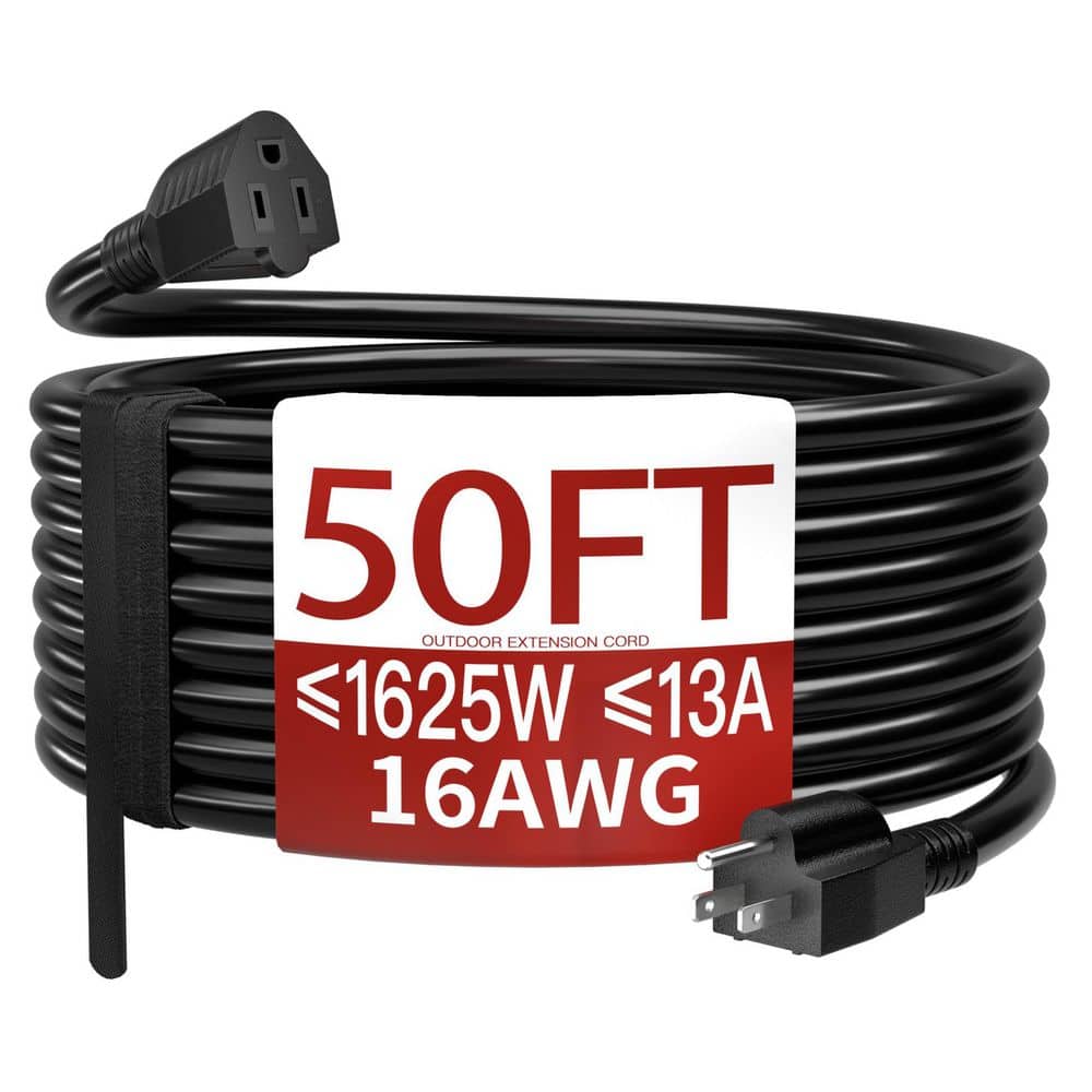 Unbranded 50 ft. 1625 Watt 16AWG 1-Conductor SJTW Outdoor Extension Cord Waterproof Weatherproof Flame Retardant Black Lighted End