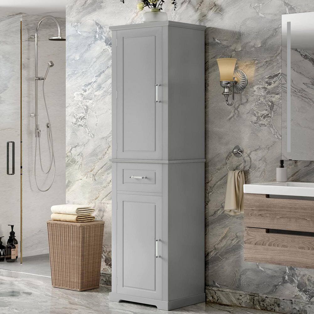 YSQCAR 20 in. W x 15.8 in. D x 72 in. H Gray MDF Freestanding Linen Cabinet with 2-Doors, 1 Drawer and Adjustable Shelf (2)