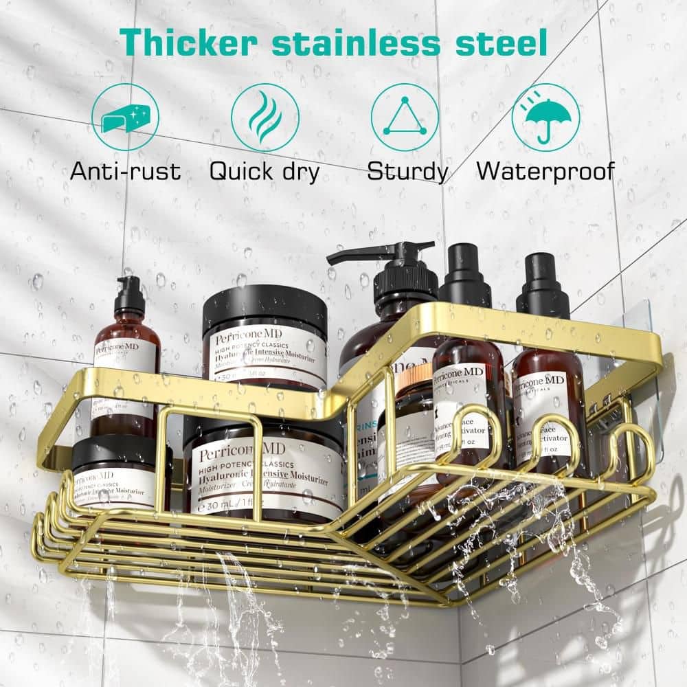 Numhew 3-Pack Corner Shower Caddy with 1 Soap Holder and 12 Hooks, Stainless Steel Shower Shelves, Wall Mounted, Gold (2)