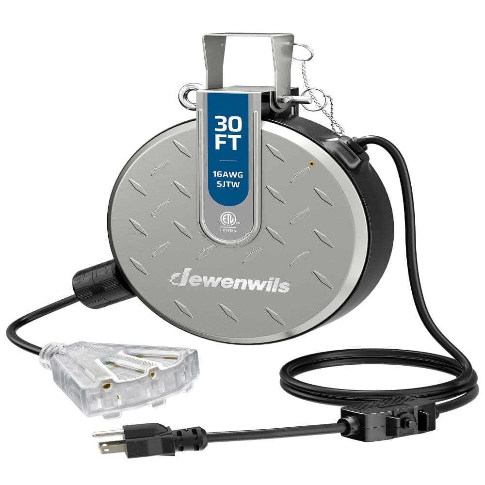 DEWENWILS 30 ft. 16/3 Retractable Extension Cord Reel, 10A/125V, Wall/Ceiling Mount, 3 Grounded Outlets, Circuit Breaker Protectio (1)