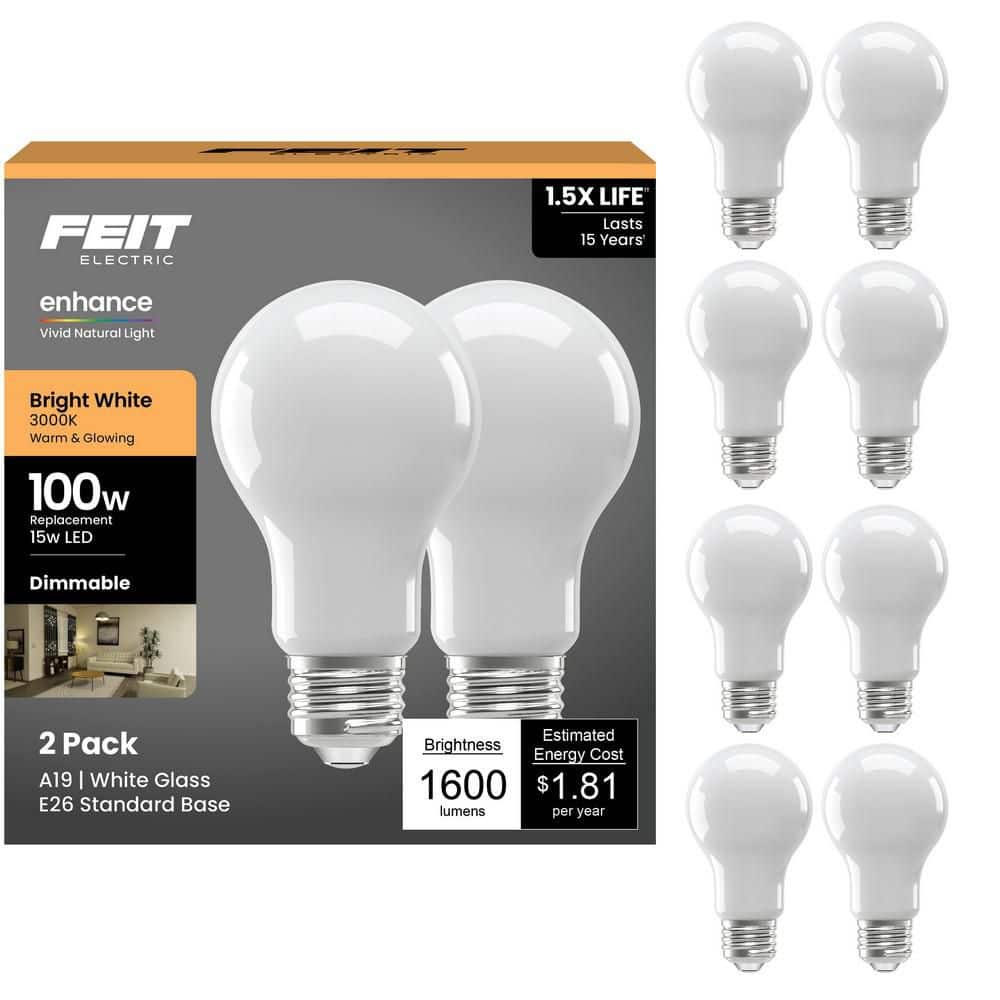 Feit Electric 100-Watt Equivalent A19 Dimmable Filament CEC 90 CRI White Glass E26 Medium LED Light Bulb, Bright White 3000K (8-Pack)