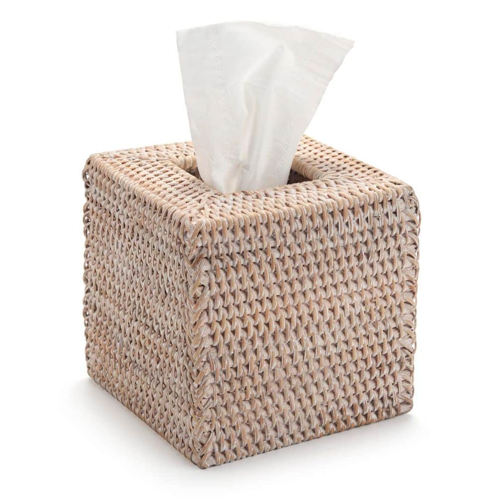 Wudkey Tissue Box Cover with Natural Woven Rattan, Open Bottom for Easy Loading, Rustic Decor, and Square Shape in White (3)