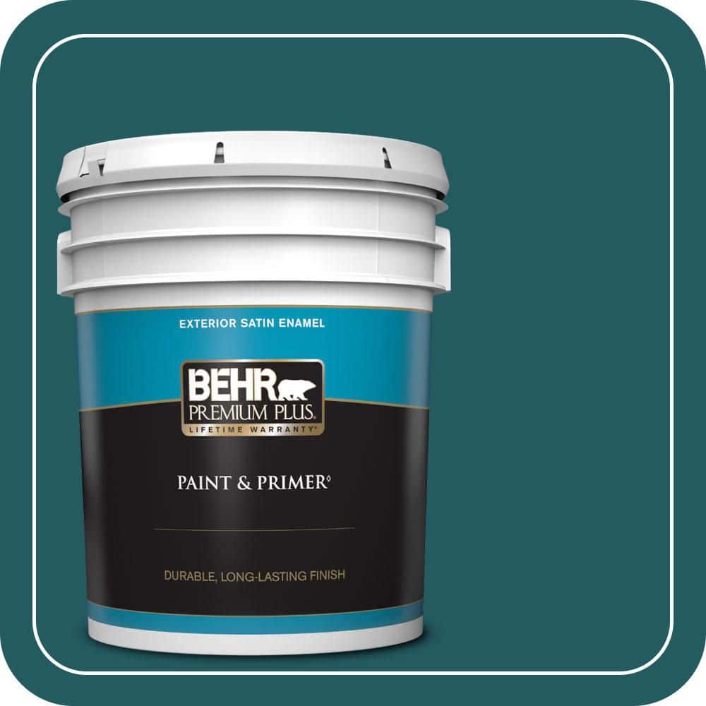 BEHR PREMIUM PLUS 5 Gal. #S450-7A Out to Sea Satin Enamel Exterior Paint and Primer