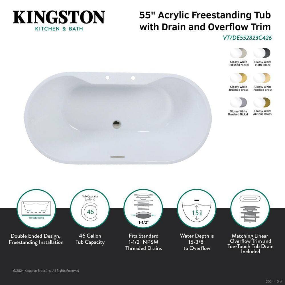 Kingston Brass Aqua Eden 55 in. x 27.4 in. Acrylic Flatbottom Soaking Freestanding Bathtub in Glossy White/Matte Black with Drain (2)