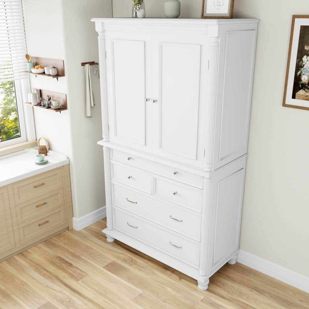 COWLOWN 43.3 in. W x 20 in. D x 77.3 in. H White Linen Cabinet with 6 Door Shelves, 2 Adjustable Shelves and 5 Drawers (2)