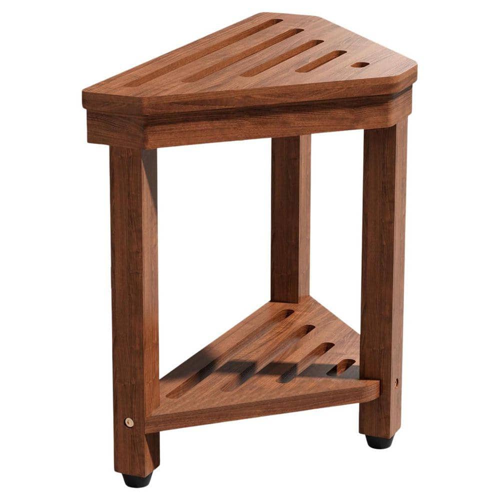Lynzavix 15 in. W Corner Shower Stool Acacia Wood with Storage Shelf for Small Spaces Freestanding in Brown (1)