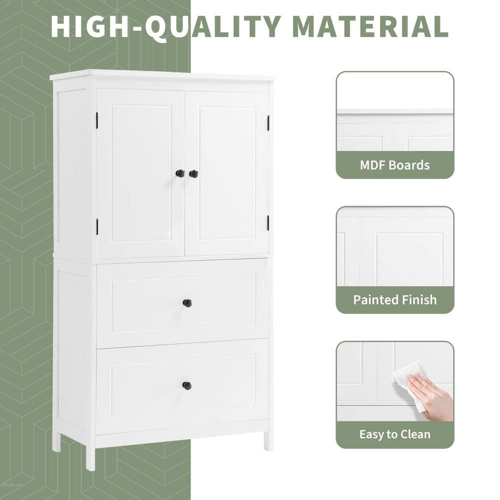 Runesay 23.6 in. W x 11.8 in. D x 43.3 in. H White Wood Freestanding Floor Storage Linen Cabinet with 2-Door and 2-Drawer (3)