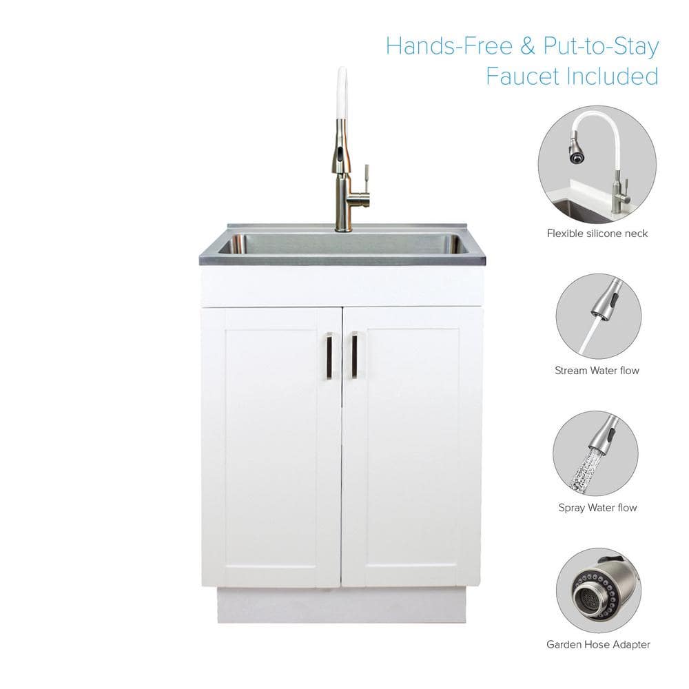 Transolid All-in-One 23.6 in. x 19.7 in. x 34.6 in. Stainless Steel Laundry/Utility Sink and Wood Cabinet with Faucet in White