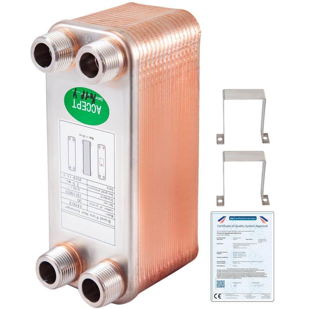 VEVOR Heat Exchanger 3 In. x 7.5 in. 30 Plates 316L 3/4 In. MPT Heat Exchanger B12-30 Beer Wort Chiller for Hydronic Heating (1)