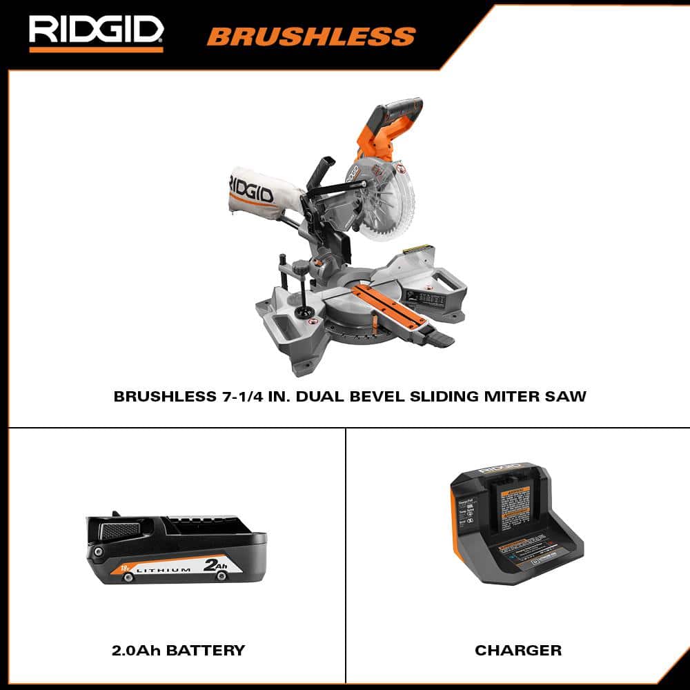RIDGID 18V Brushless 7-1/4 in. Dual Bevel Sliding Miter Saw with 18V Lithium-Ion 2.0 Ah Battery and 18V Charger (2)