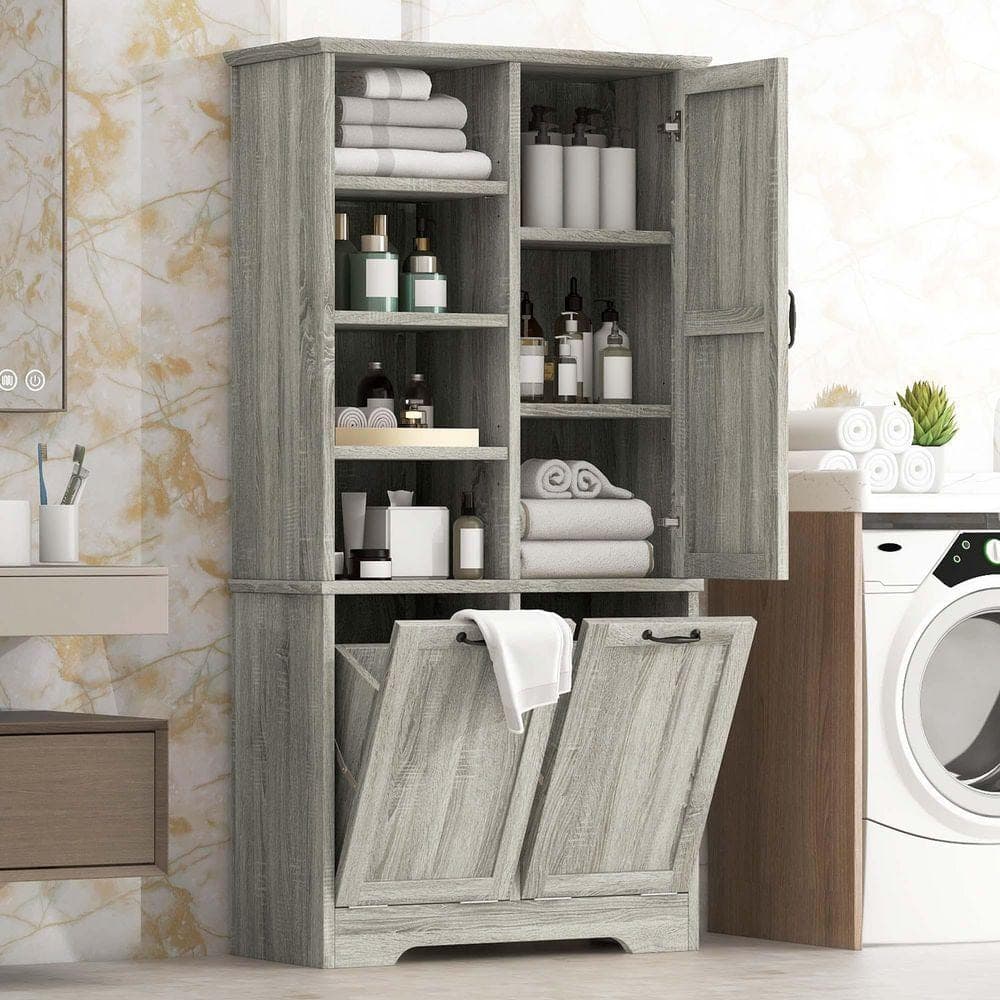 XUJMK 31 in. W x 14 in. D x 68 in. H Gray Linen Cabinet, Storage Cabinet with Tilt-Out Laundry Hamper, Adjustable Shelves (2)