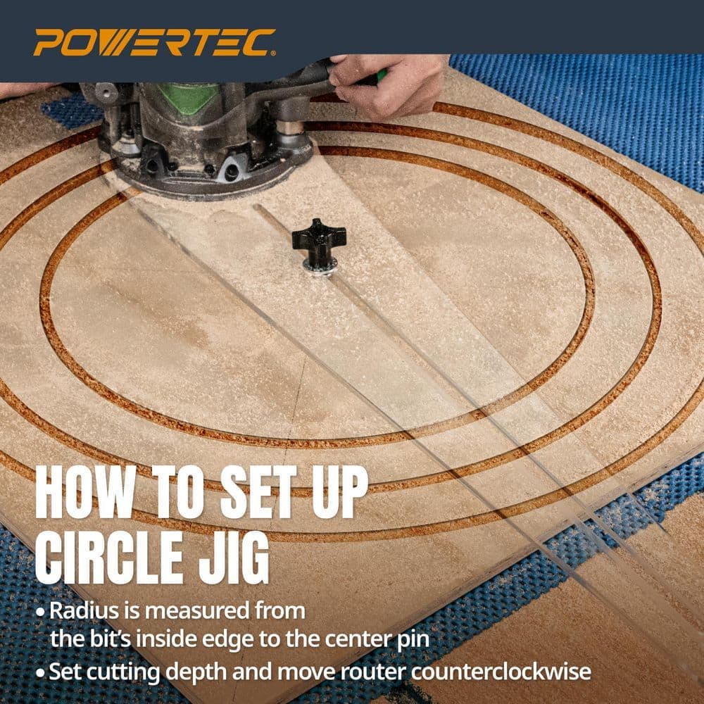 ‎POWERTEC Circle Cutter Router Jig Cuts Perfect Circles from 10 in. to 53 in., Circle Guide Kit Includes Pivot Pins (2)