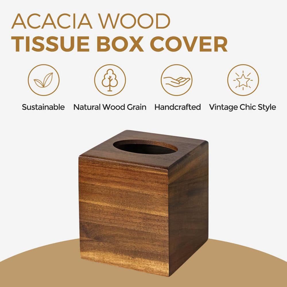 KHKFY Acacia Wood Tissue Box Covers, Square Decorative Cube with Slide-Out Bottom, 5.5 x 5.5 x 6.3 in. stylish (2)