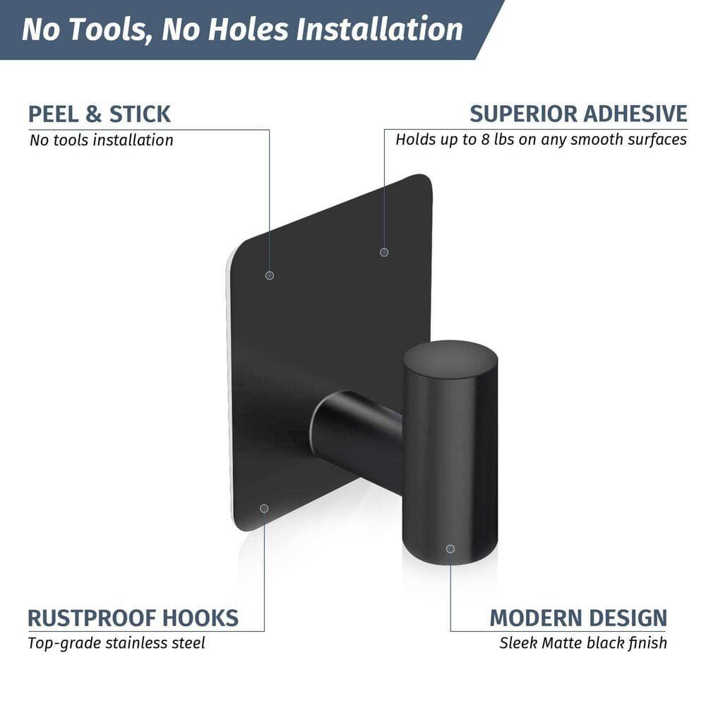 Unbranded J-Hook Hook Type 2-Pack Matte Black Stainless Steel Self-Adhesive Wall Robe Hook Towel Hook for Bathroom Shower Loofah (3)
