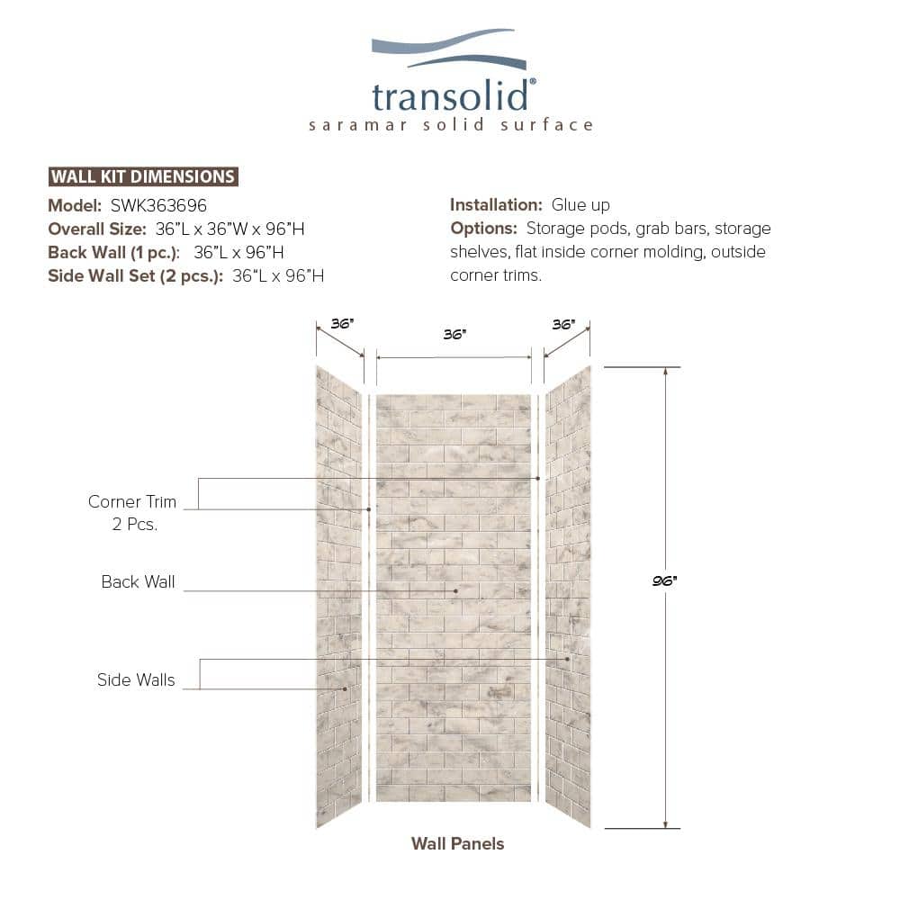 Transolid SaraMar 36 in. x 36 in. x 96 in. 3-Piece Easy Up Adhesive Alcove Shower Wall Surround in Sand Creme (3)