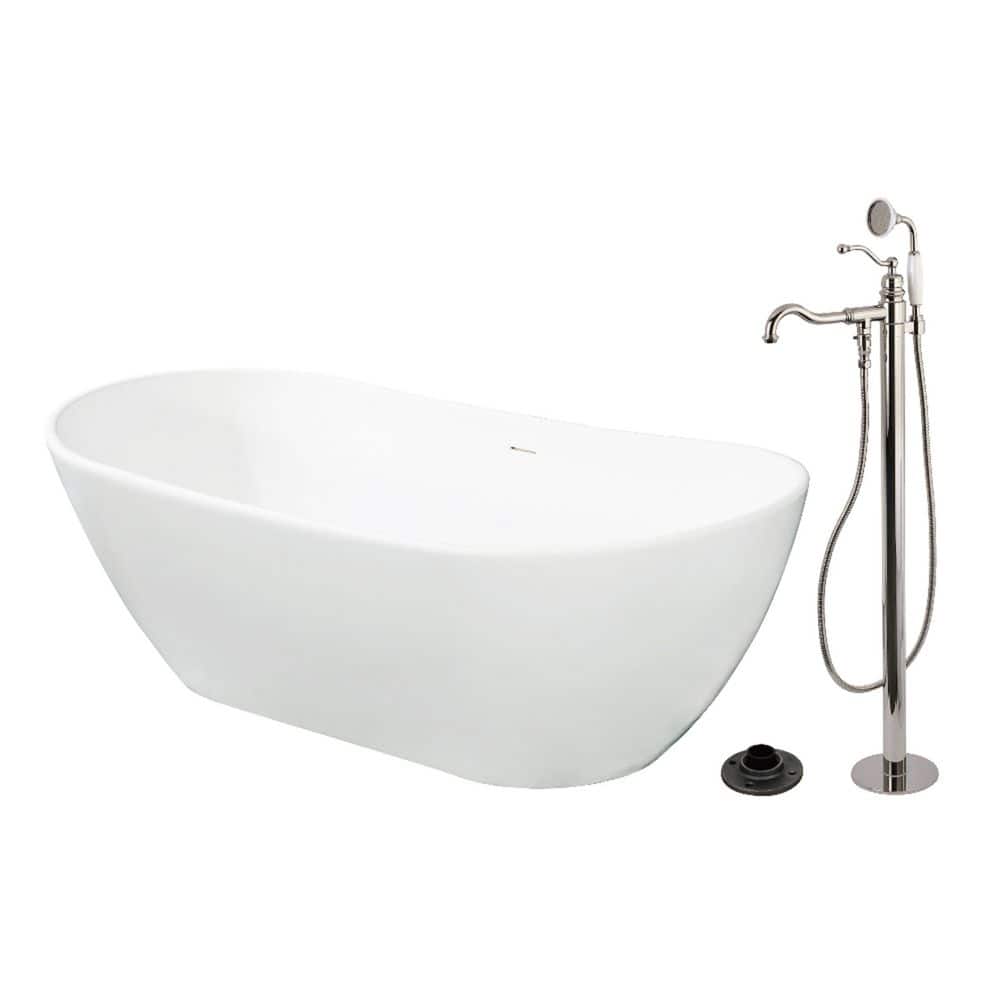 Kingston Brass Arcticstone 71.4 in. x 32.3 in. Surface White Stone Flatbottom Soaking Freestanding Bathtub in White/Polished Nickel (1)