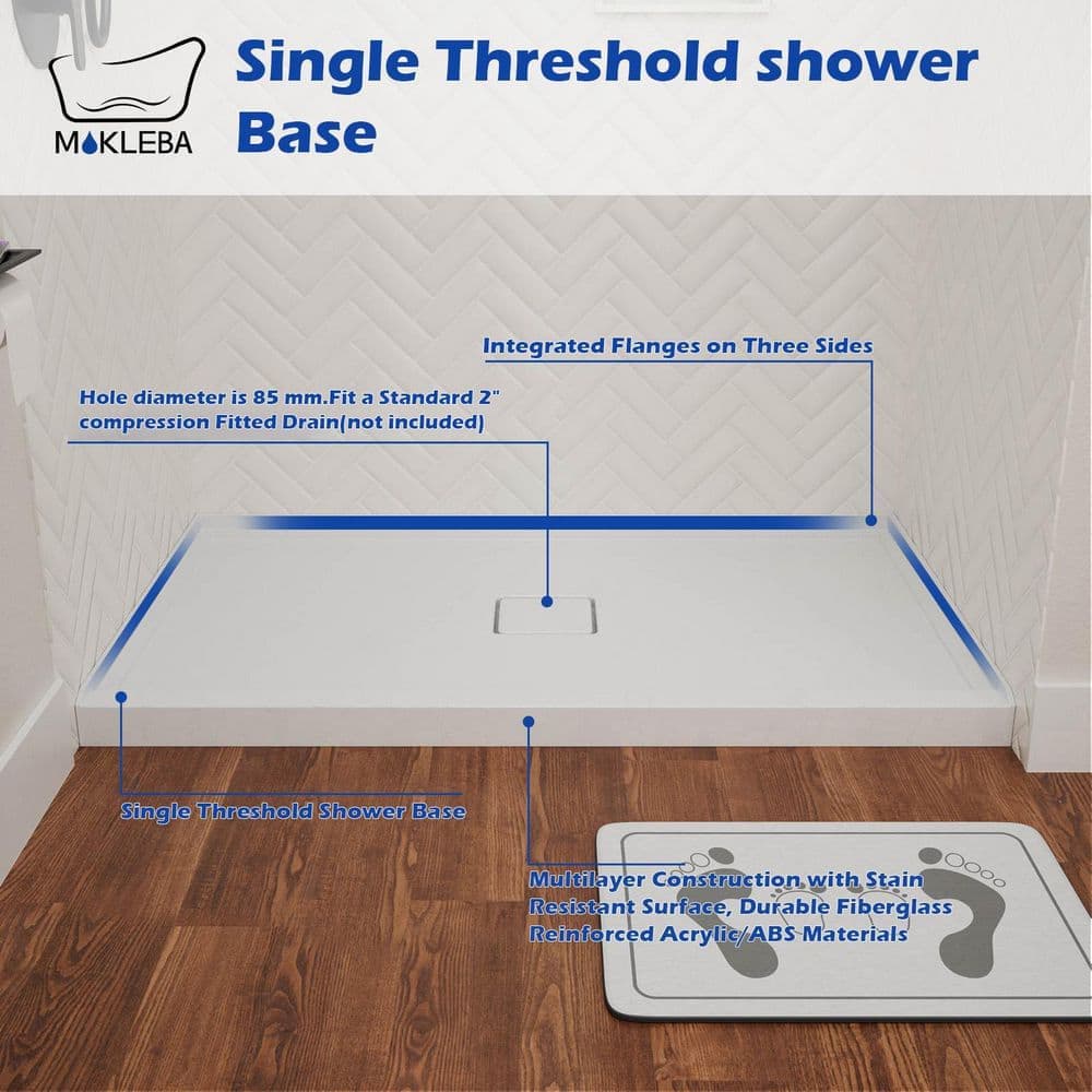Mokleba 60 in. L 36 in. W Rectangle Alcove Acrylic Bathroom Shower Pan Base with Hand Drain (3)