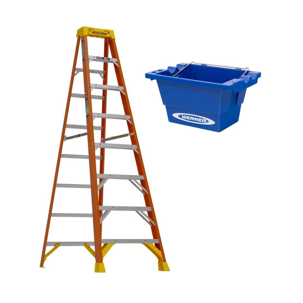 Werner 8 ft. Fiberglass Step Ladder with 300 lbs. Load Capacity Type IA Duty Rating and Lock-in Job Bucket Accessory