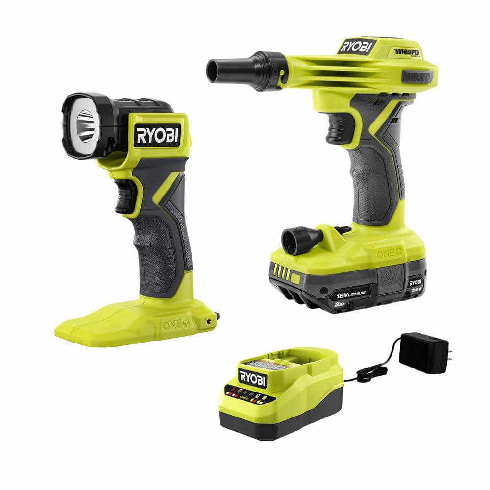 RYOBI ONE+ 18V High Volume Inflator Kit with 2.0 Ah Battery, Charger, and Cordless LED Light