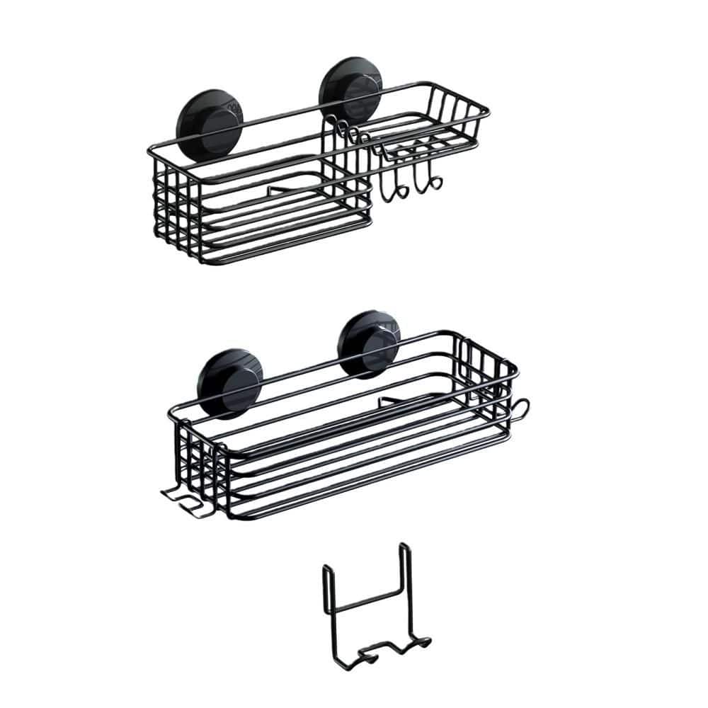Numhew 2-Pack No-Drilling Rustproof Meatl Shower Storage Caddy for Inside Shower with Suction Cup, Hooks and Soap Holder, Black (1)
