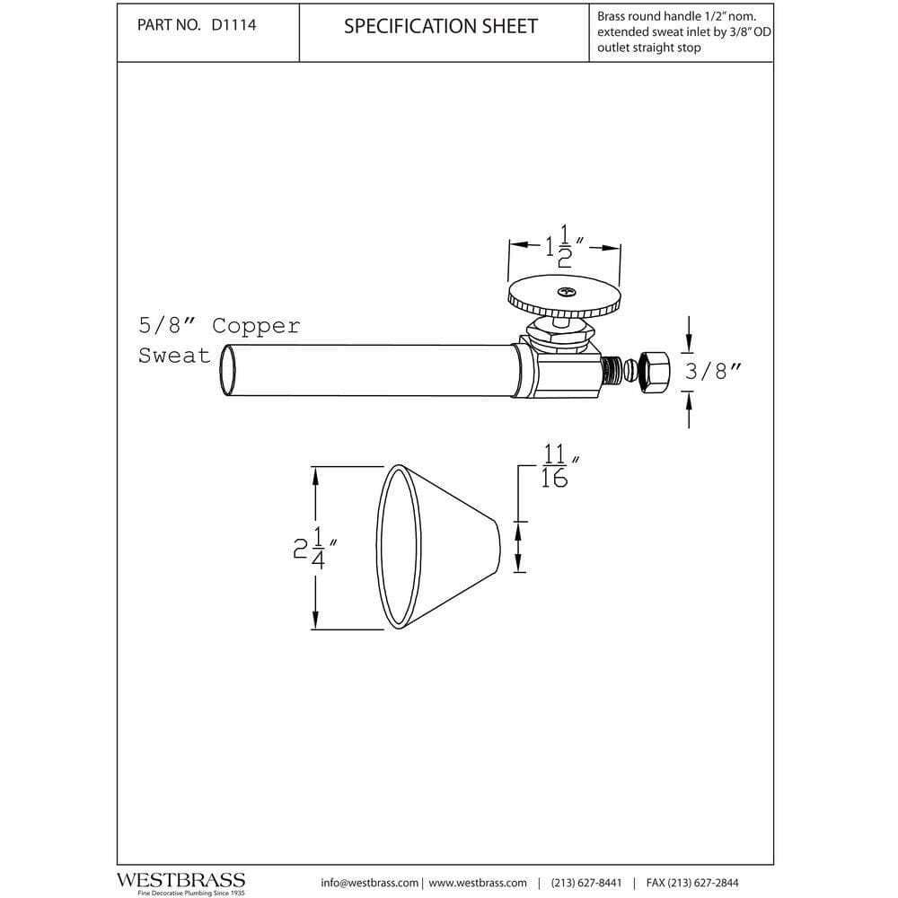 Westbrass 1/2 in. Copper Sweat x 3/8 in. O.D. Compression Outlet Angle Stop in Polished Brass (2)