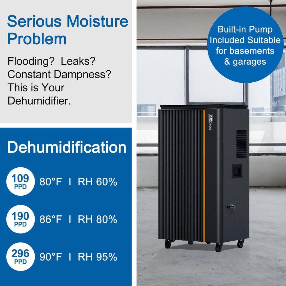 Edendirect 296 pt. 8,500 sq.ft. Bucketless Dehumidifier in. Black with Pump, Auto Defrost, 24 H Timer (2)