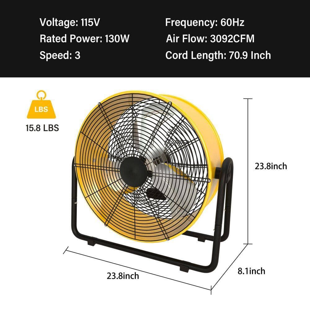 Amucolo 20 in. 3-Speed High Velocity Heavy Duty Metal Industrial Drum Fan Floor Fan in Yellow (3)