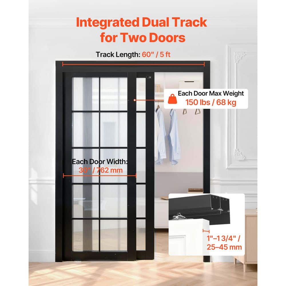 VEVOR Bypass Sliding Door Hardware Kit, 5 ft. Aluminum Dual-Track, Smooth Quiet Sliding, Easy Install, 1 to 1-3/4 in. Thick (2)