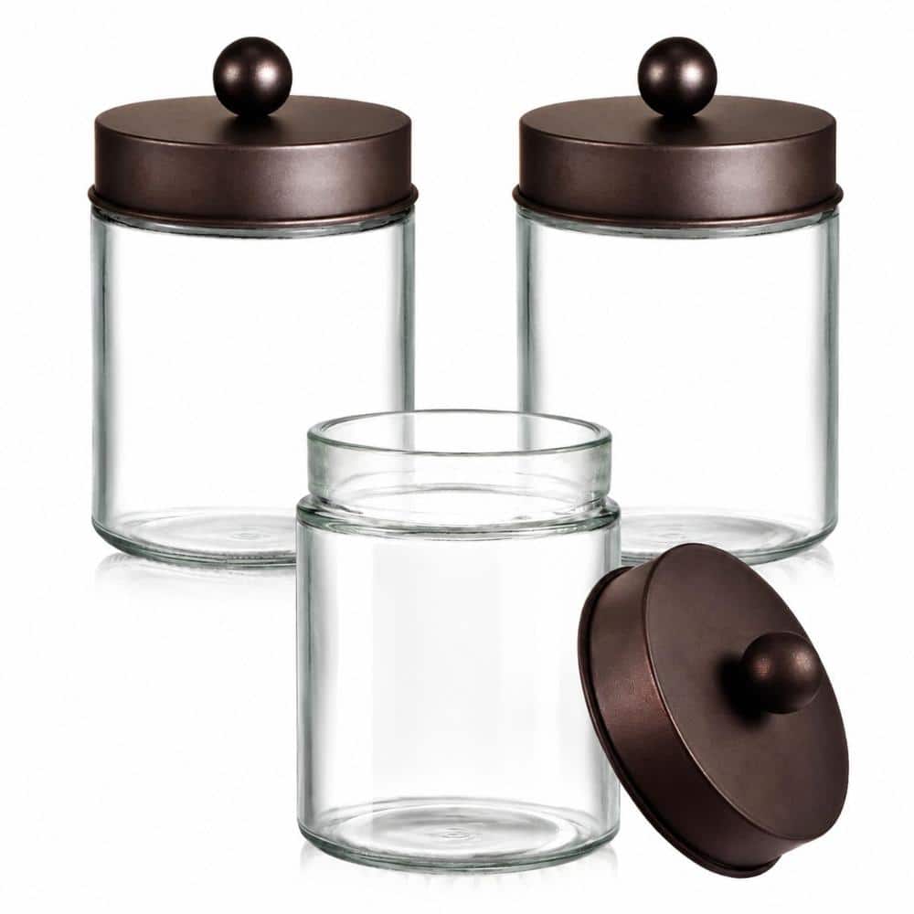 Unbranded Glass Apothecary Q-tip Holder with Stainless Steel Lid in Bronze for Bathroom Vanity 3-Pack Canister (1)