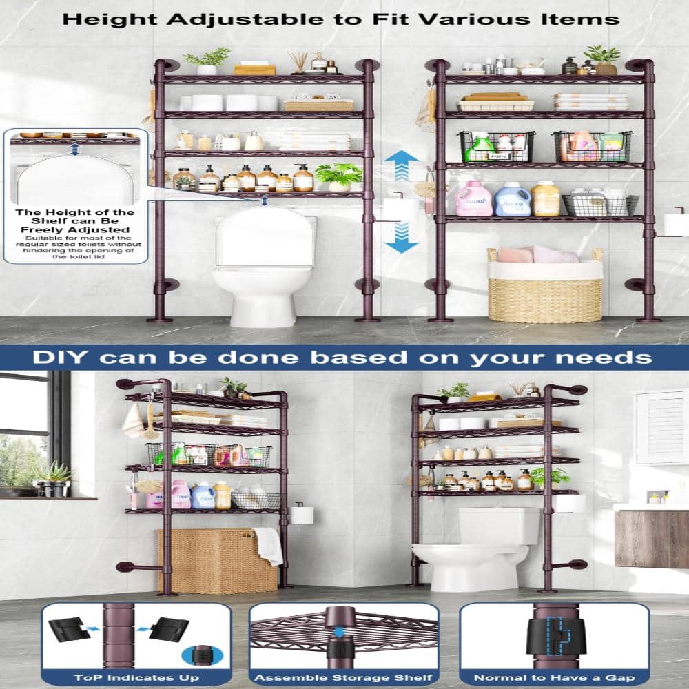Whatseaso 25.6 in. W x 74.3 in H x 9.7 in. D Metal in Brown Over The Toilet Storage Cabinet Toilet Storage with Paper Hook (3)