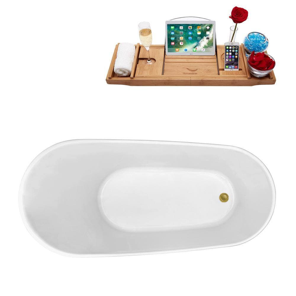 Streamline 59 in. Acrylic Flatbottom Non-Whirlpool Bathtub Glossy White with Brushed Gold Drain (3)