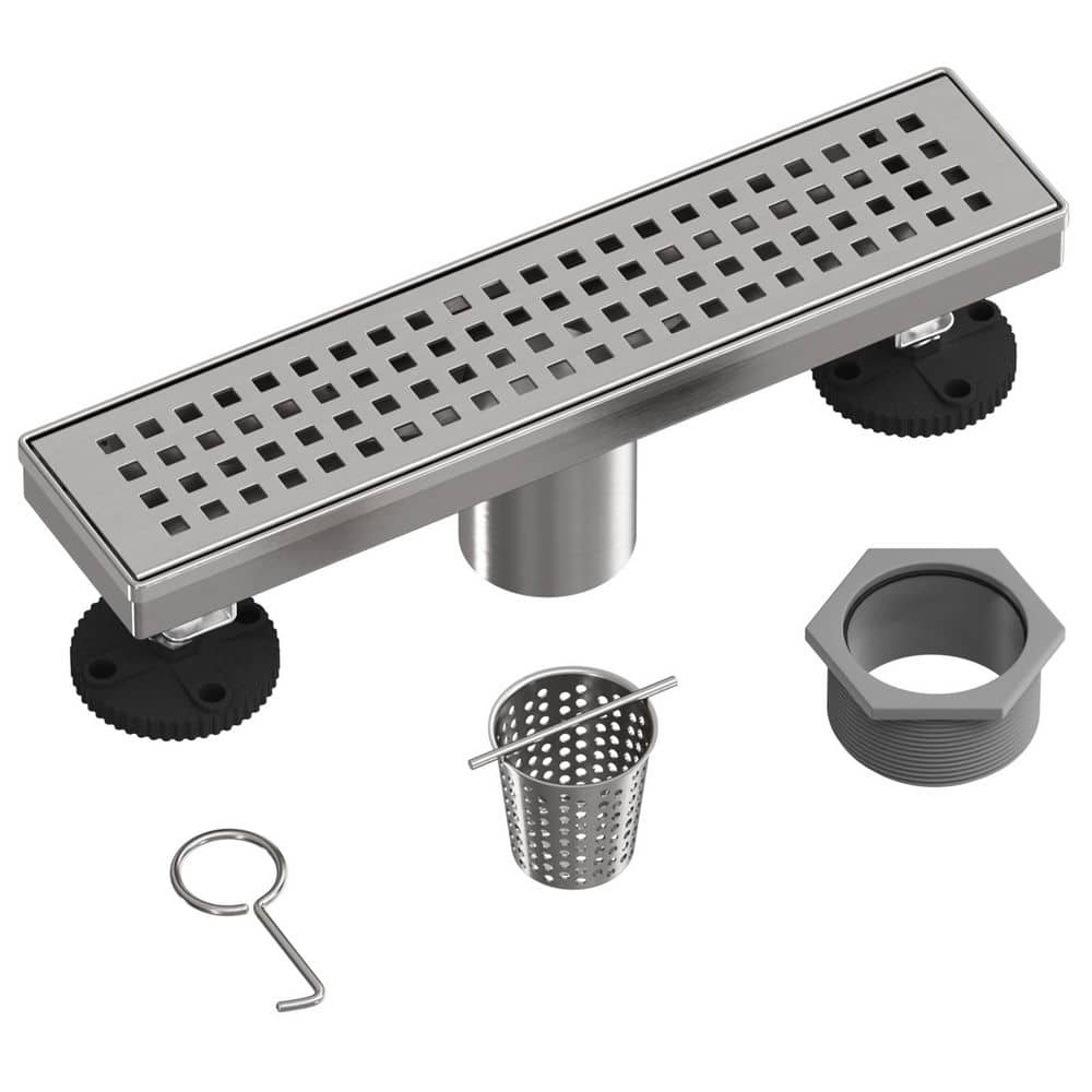 BWE 12 in. Stainless Steel Linear Shower Drain with Square Pattern Drain Cover in Brushed Nickel (1)