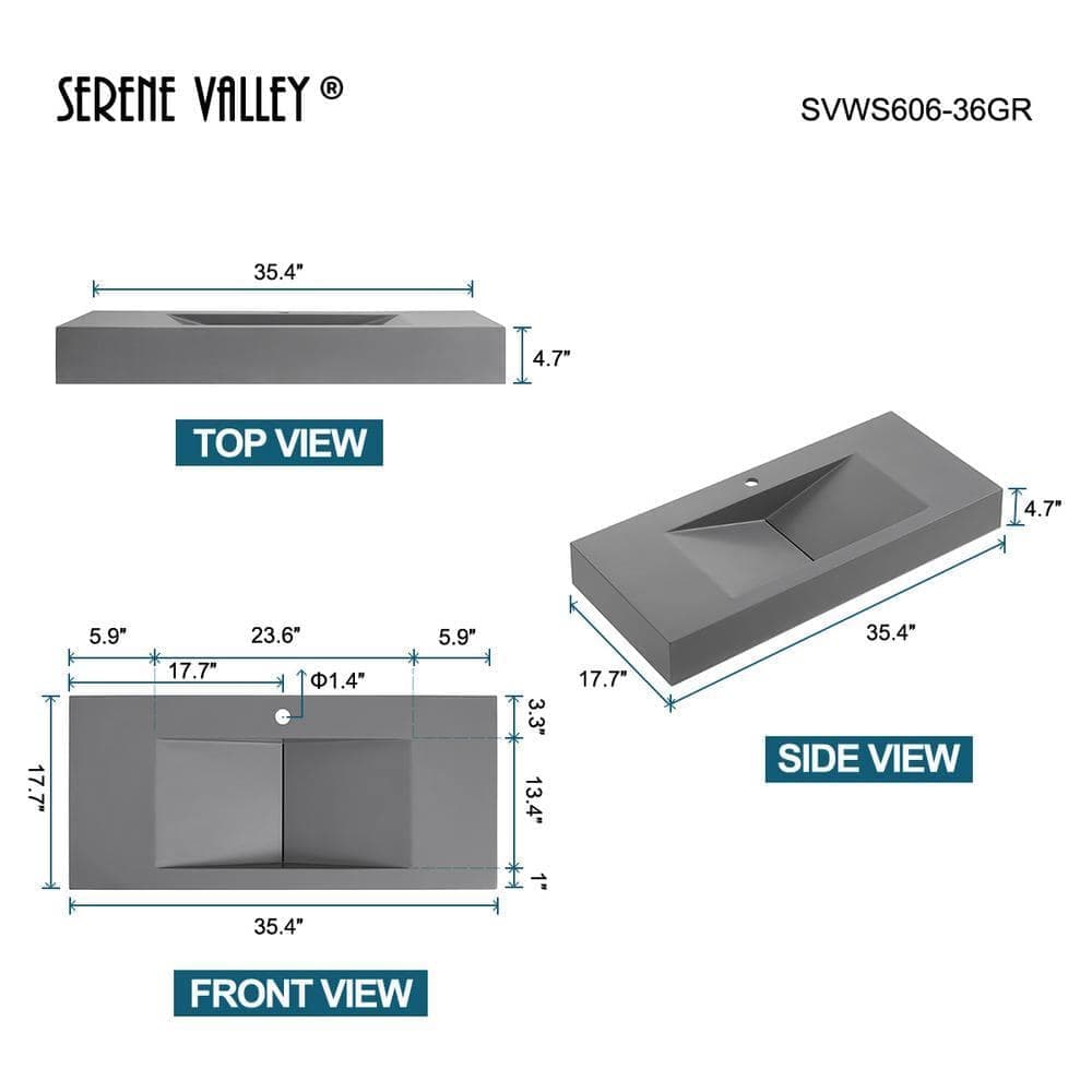 SERENE VALLEY 36 in. Wall Mount or Countertop Bathroom Sink V-Shape Drain Solid Surface Material in Matte Gray (3)