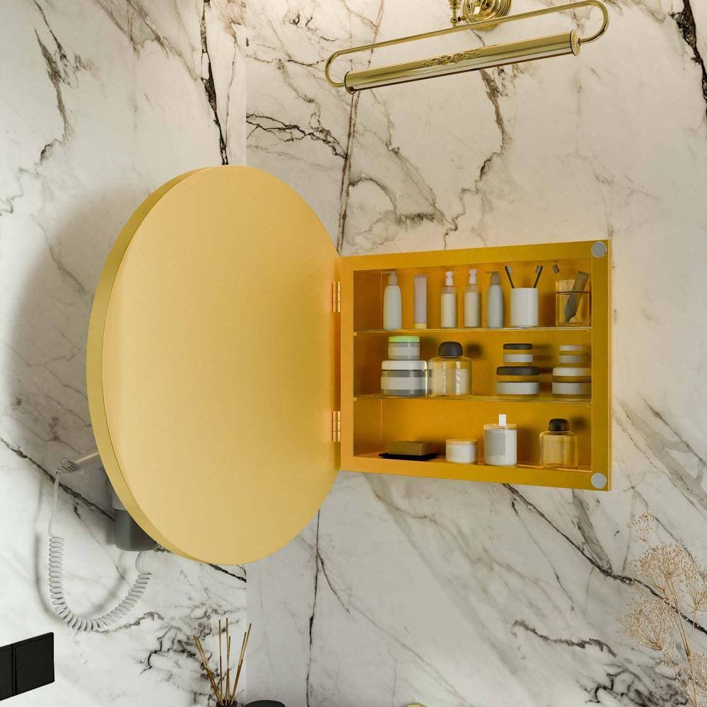 XUJMK 24 in. W x 24 in. D x 5 in. H Bathroom Wall Cabinet, Round Medicine Cabinet in Gold with Mirror, Adjustable Shelves (3)