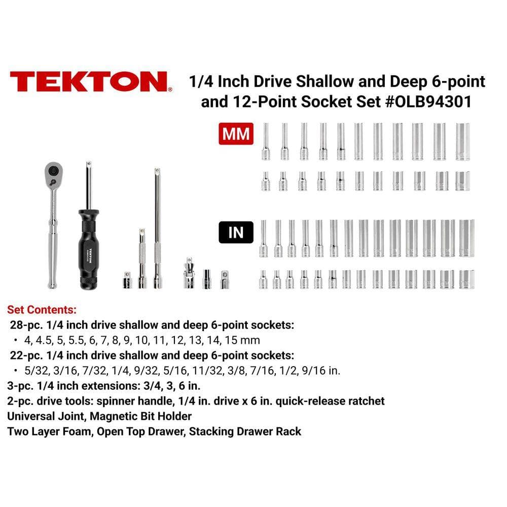 TEKTON 1/4 Inch Drive 6-Point Socket and Ratchet Set with Open Top Drawer and Rack, 58-Piece (5/32-9/16 in., 4-15 mm) (2)