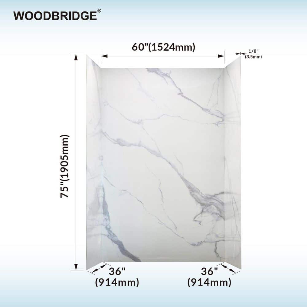 WOODBRIDGE 36 in. x 60 in. W x 75 in. H 3-Piece Glue Up Acrylic Alcove Shower Surrounds in White (2)